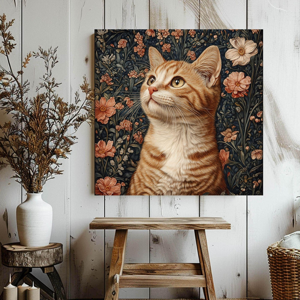 William Morris Cat Canvas, Animal Wall Art, Morris Inspired Framed Decor, Cat Poster Print, Floral Cat Framed Wall Canvas, Vintage Decor