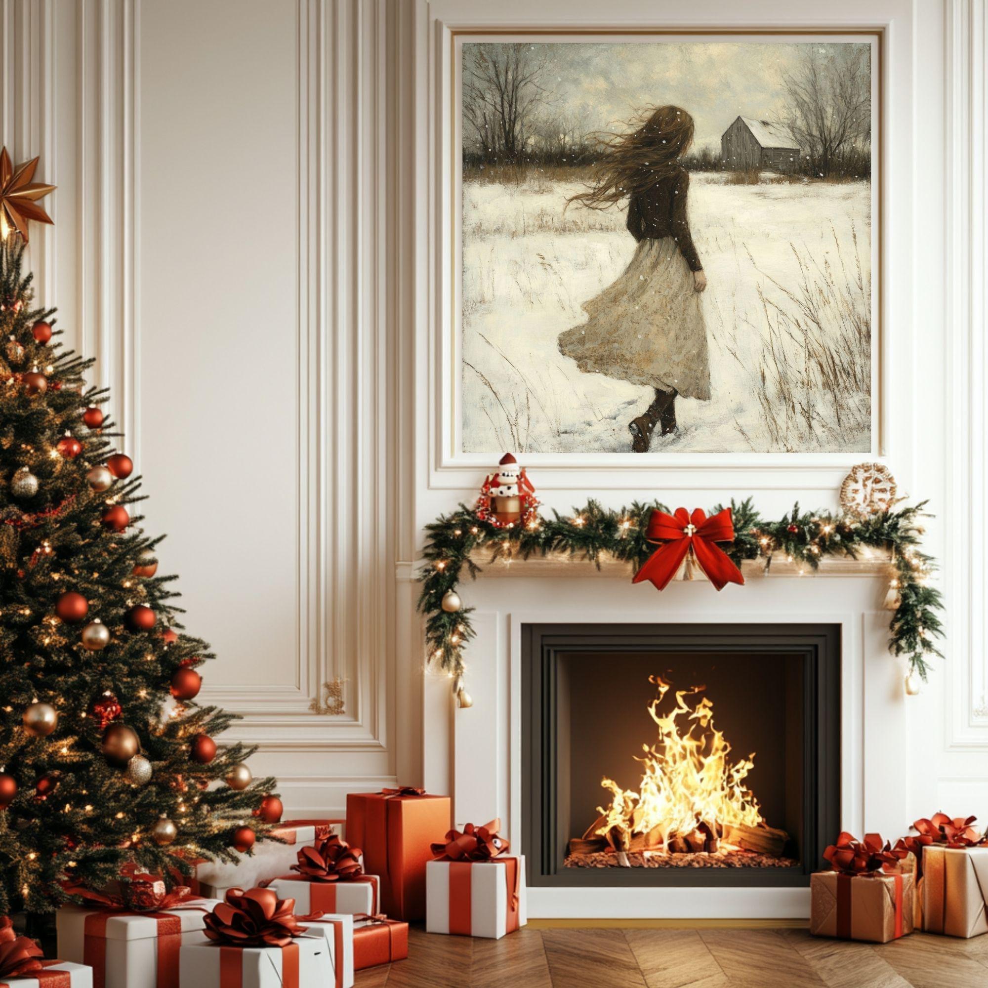 Vintage Winter Girl Canvas Wall Art, Classic Christmas Wall Print, Victorian Portrait Painting, Cozy Winter Home Decor, Framed Wall Art