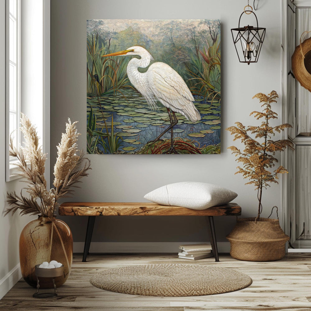 Marsh Egret Wall Art, William Morris Inspired Framed Canvas, Botanical Bird Decor, Vintage Nature Art, Coastal Bird Framed Art, Egret Poster