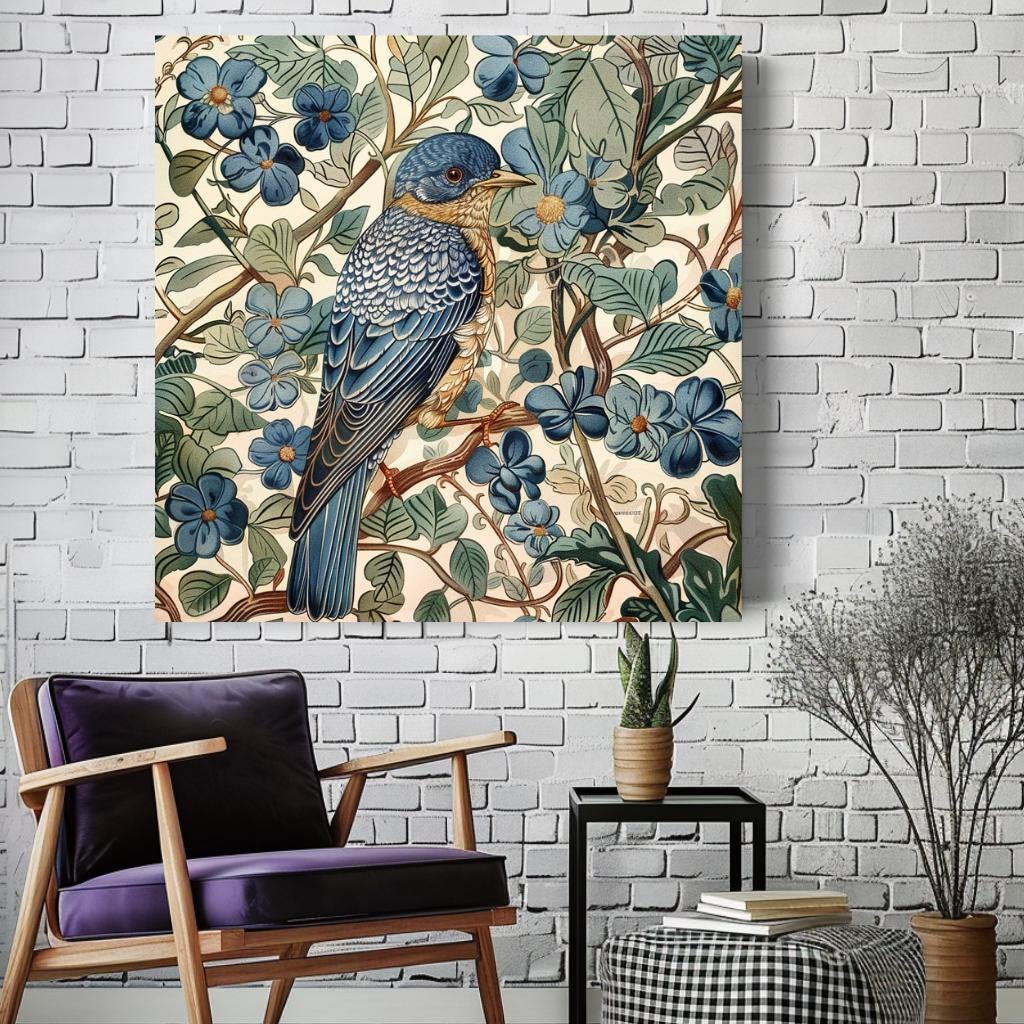 William Morris Wall Art Vintage Blue Bird, William Morris Inspired Print, Vintage Bird Home Decor, Gift for Bird Lovers