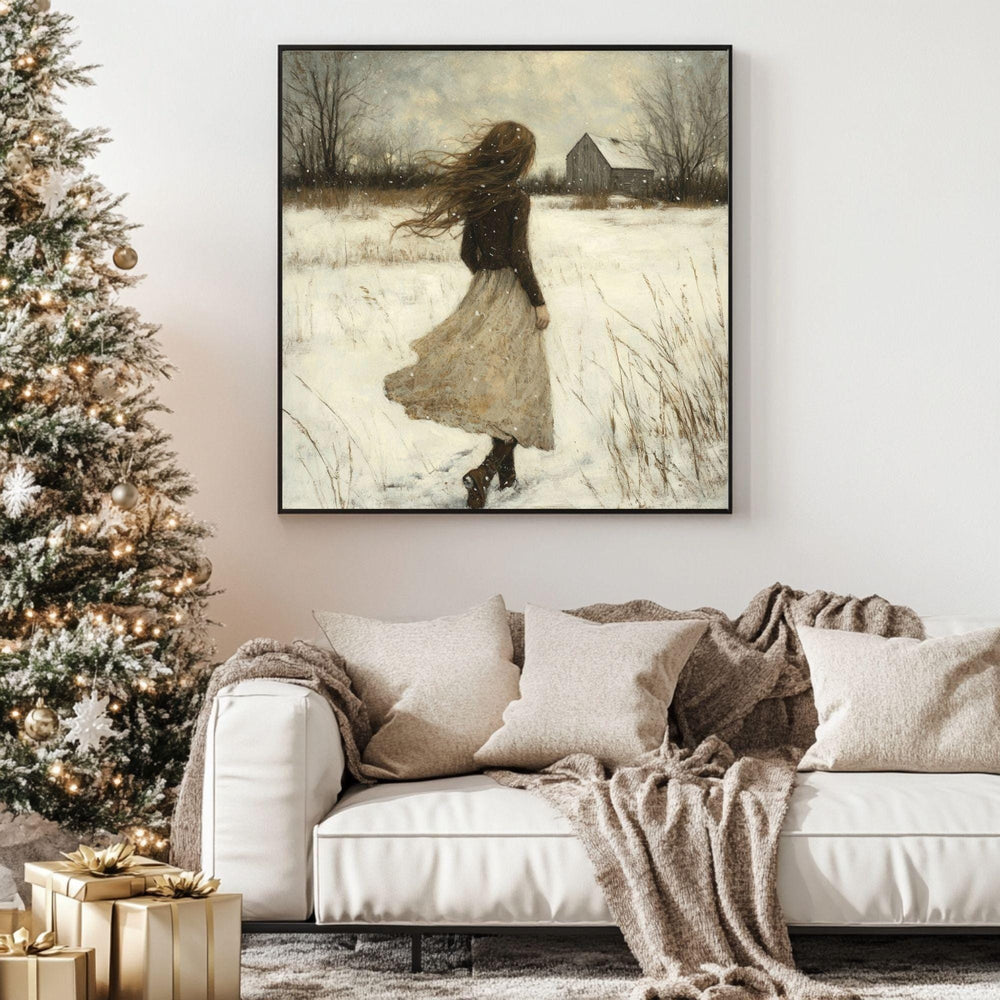 Vintage Winter Girl Canvas Wall Art, Classic Christmas Wall Print, Victorian Portrait Painting, Cozy Winter Home Decor, Framed Wall Art