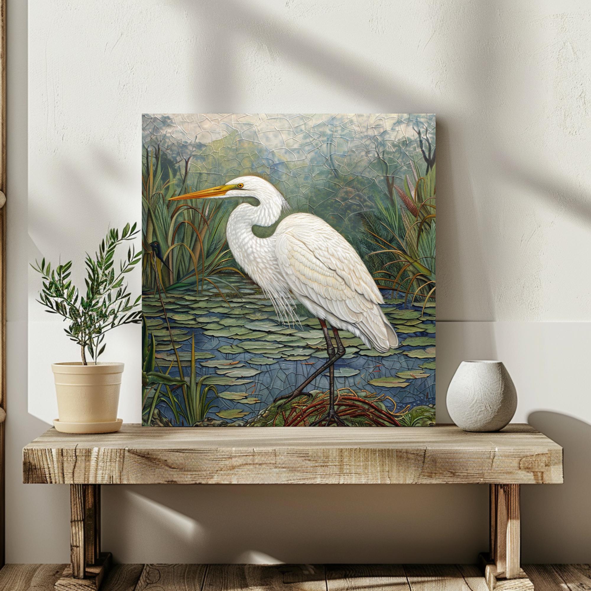 Marsh Egret Wall Art, William Morris Inspired Framed Canvas, Botanical Bird Decor, Vintage Nature Art, Coastal Bird Framed Art, Egret Poster