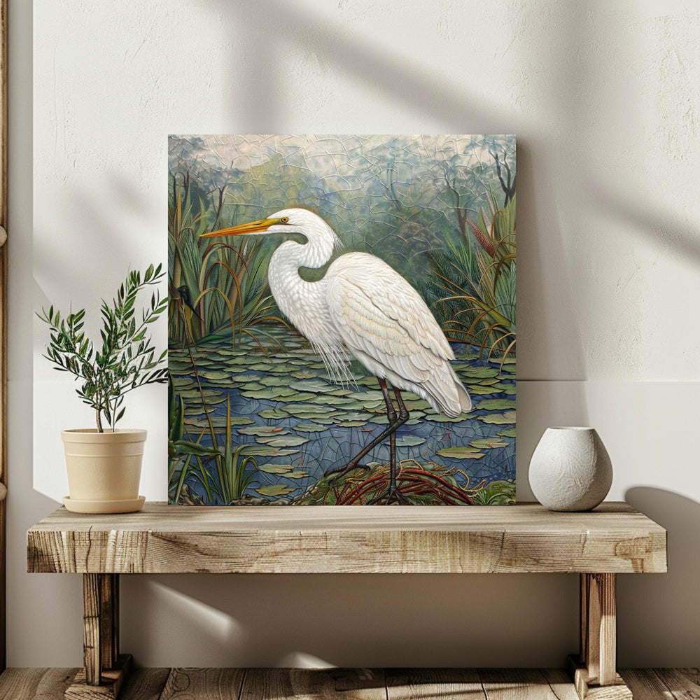 Marsh Egret Wall Art, William Morris Inspired Framed Canvas, Botanical Bird Decor, Vintage Nature Art, Coastal Bird Framed Art, Egret Poster