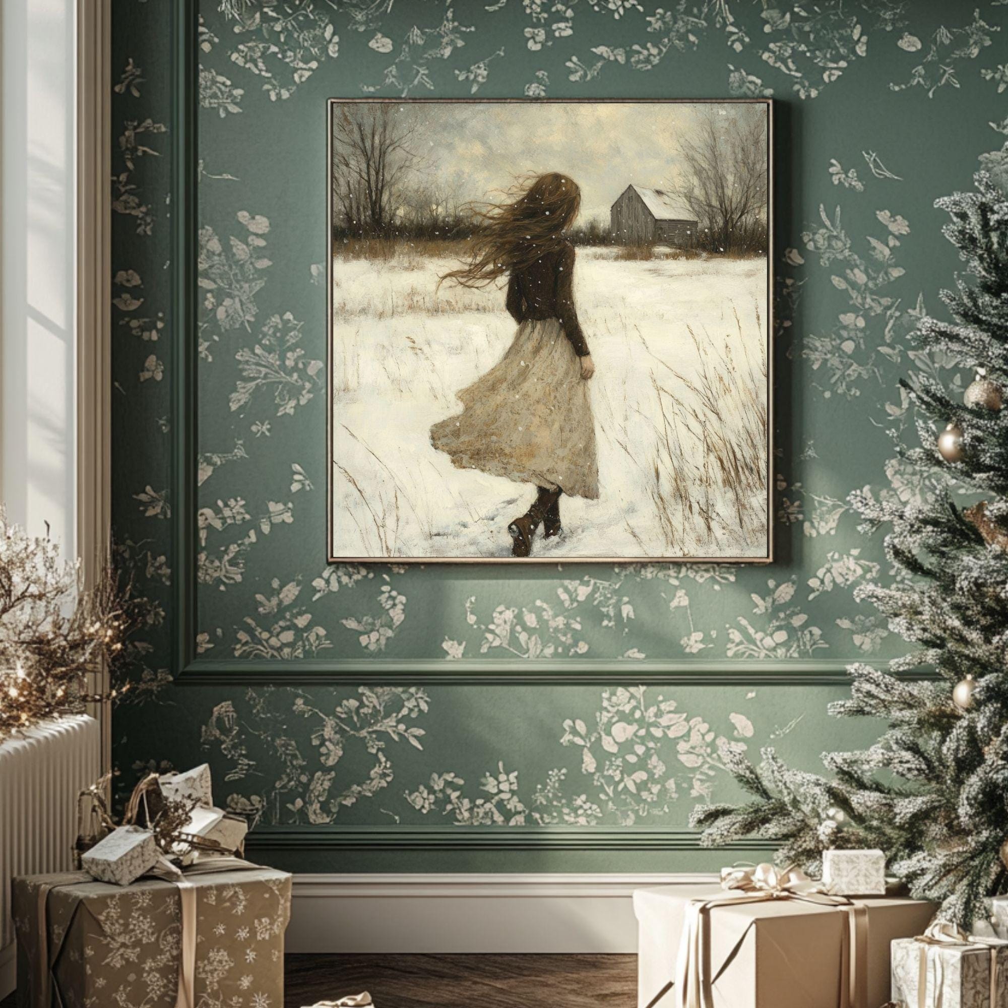 Vintage Winter Girl Canvas Wall Art, Classic Christmas Wall Print, Victorian Portrait Painting, Cozy Winter Home Decor, Framed Wall Art