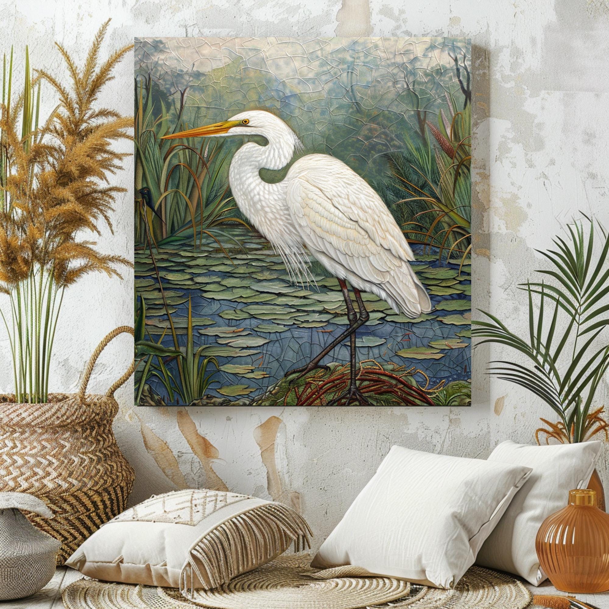 Marsh Egret Wall Art, William Morris Inspired Framed Canvas, Botanical Bird Decor, Vintage Nature Art, Coastal Bird Framed Art, Egret Poster