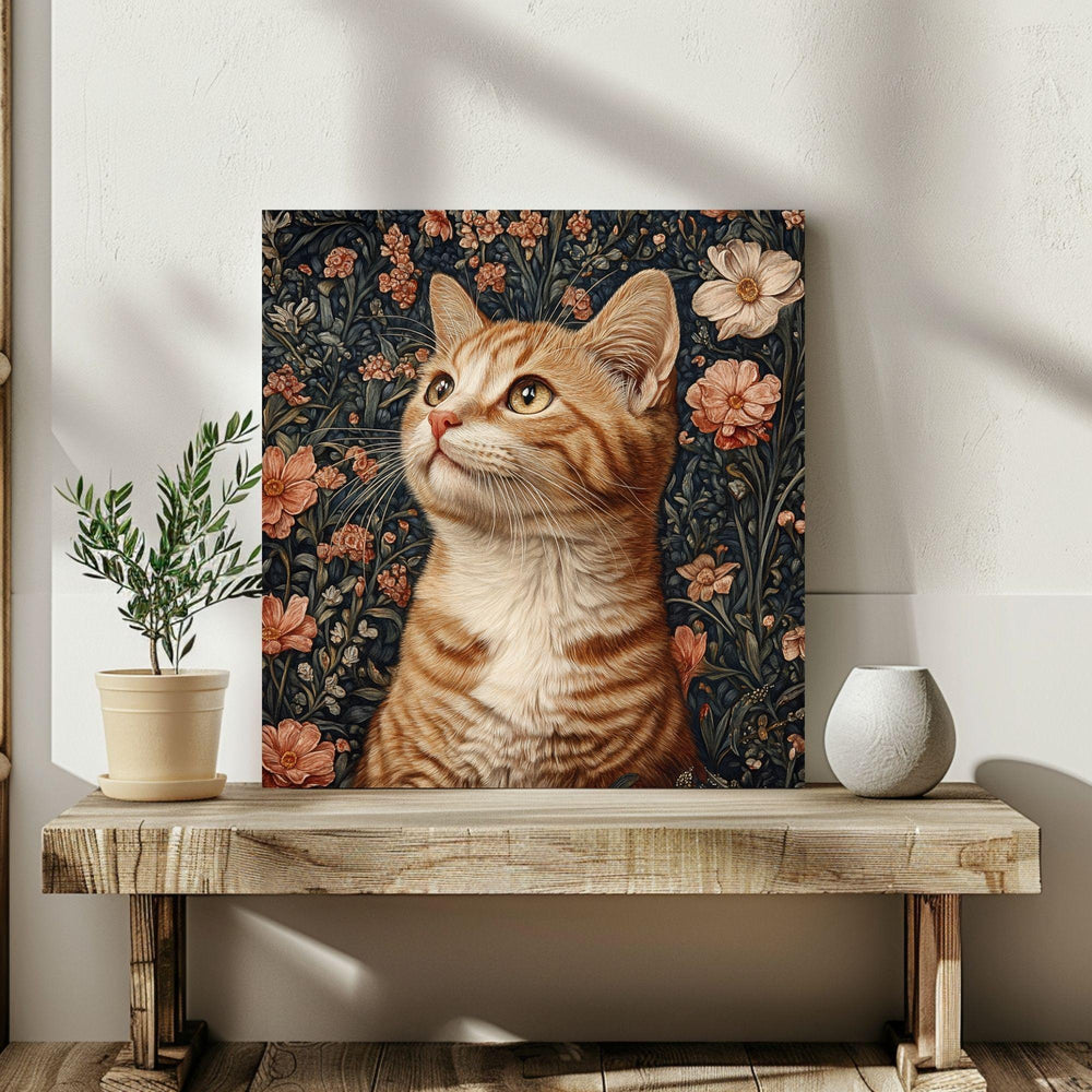 William Morris Cat Canvas, Animal Wall Art, Morris Inspired Framed Decor, Cat Poster Print, Floral Cat Framed Wall Canvas, Vintage Decor