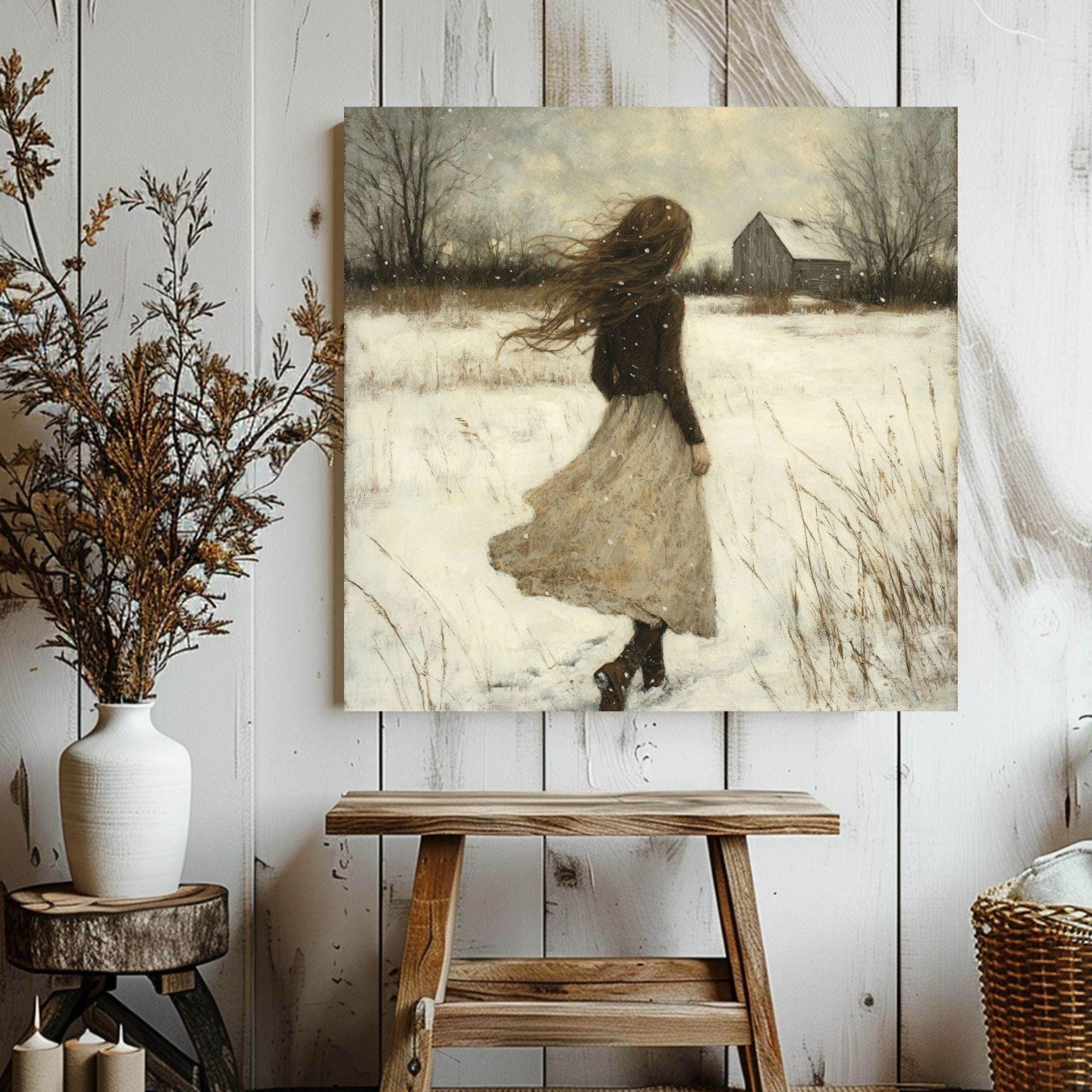 Vintage Winter Girl Canvas Wall Art, Classic Christmas Wall Print, Victorian Portrait Painting, Cozy Winter Home Decor, Framed Wall Art