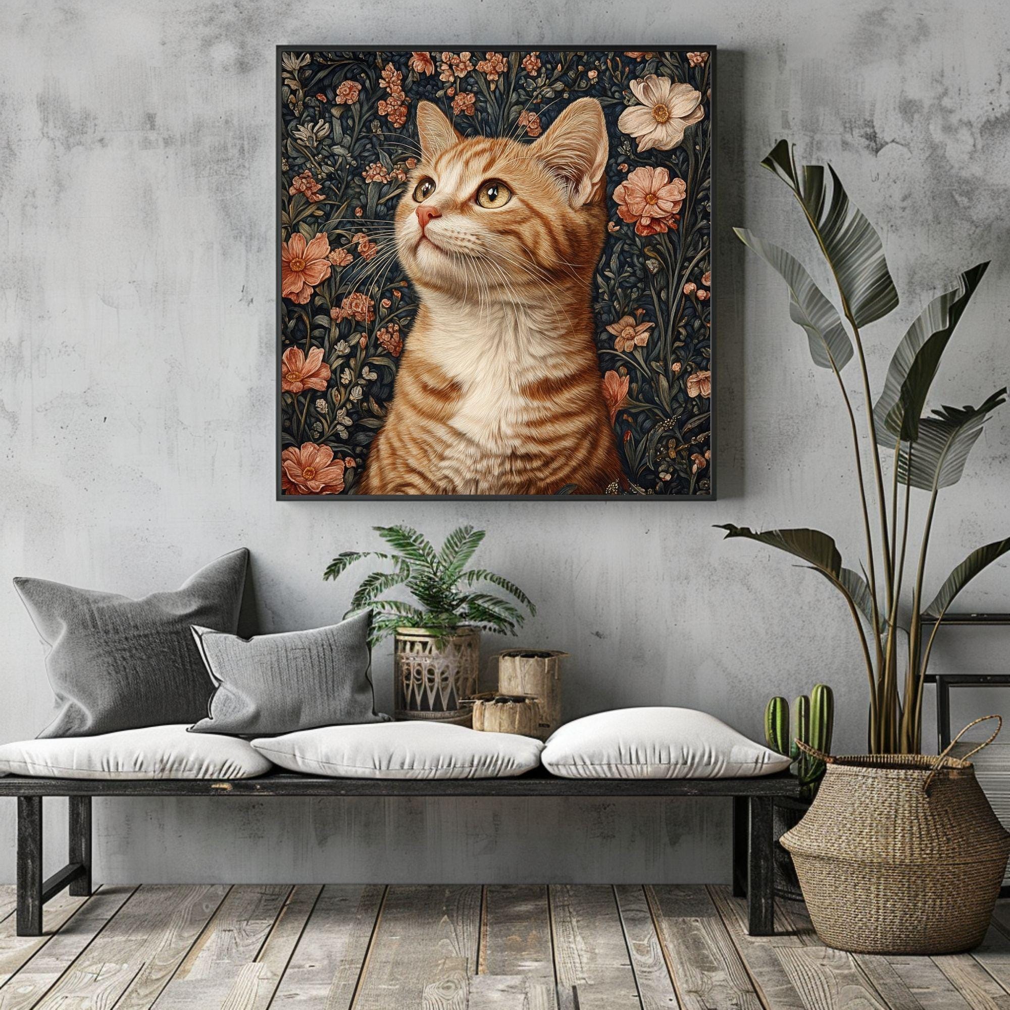 William Morris Cat Canvas, Animal Wall Art, Morris Inspired Framed Decor, Cat Poster Print, Floral Cat Framed Wall Canvas, Vintage Decor