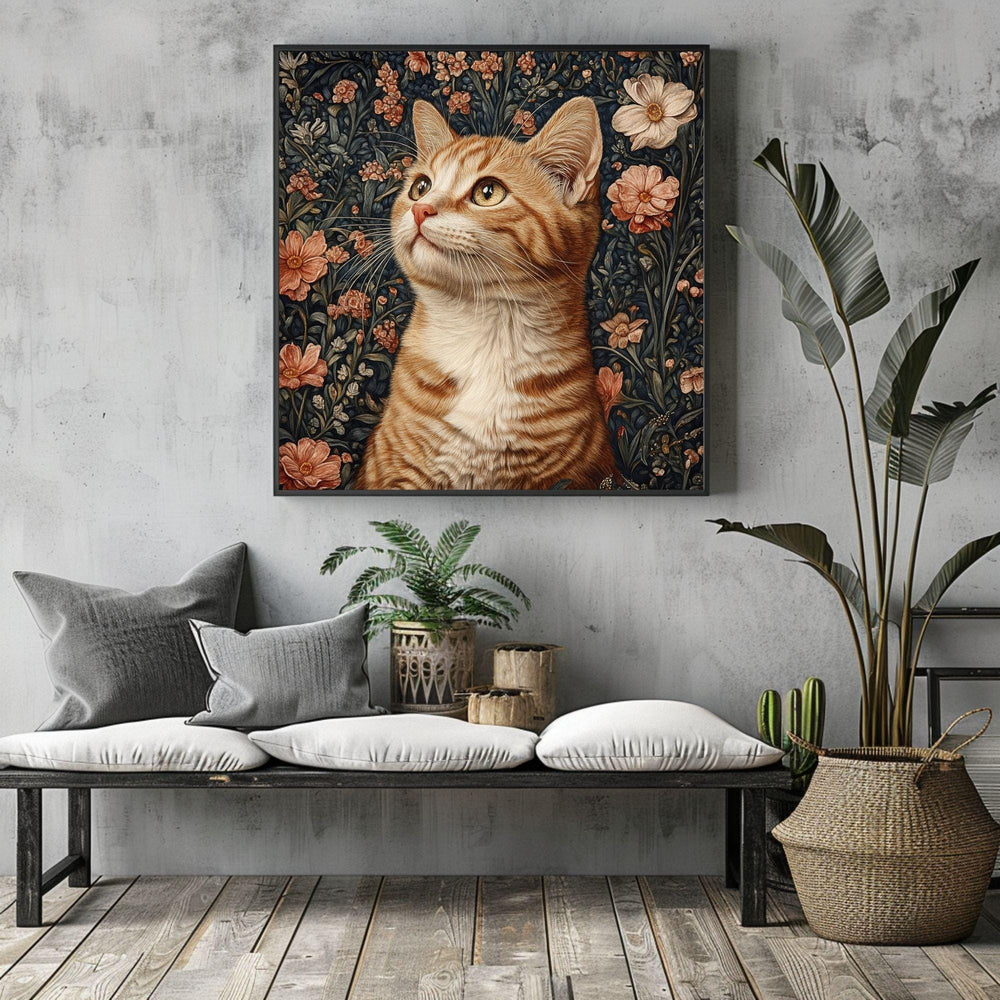 William Morris Cat Canvas, Animal Wall Art, Morris Inspired Framed Decor, Cat Poster Print, Floral Cat Framed Wall Canvas, Vintage Decor