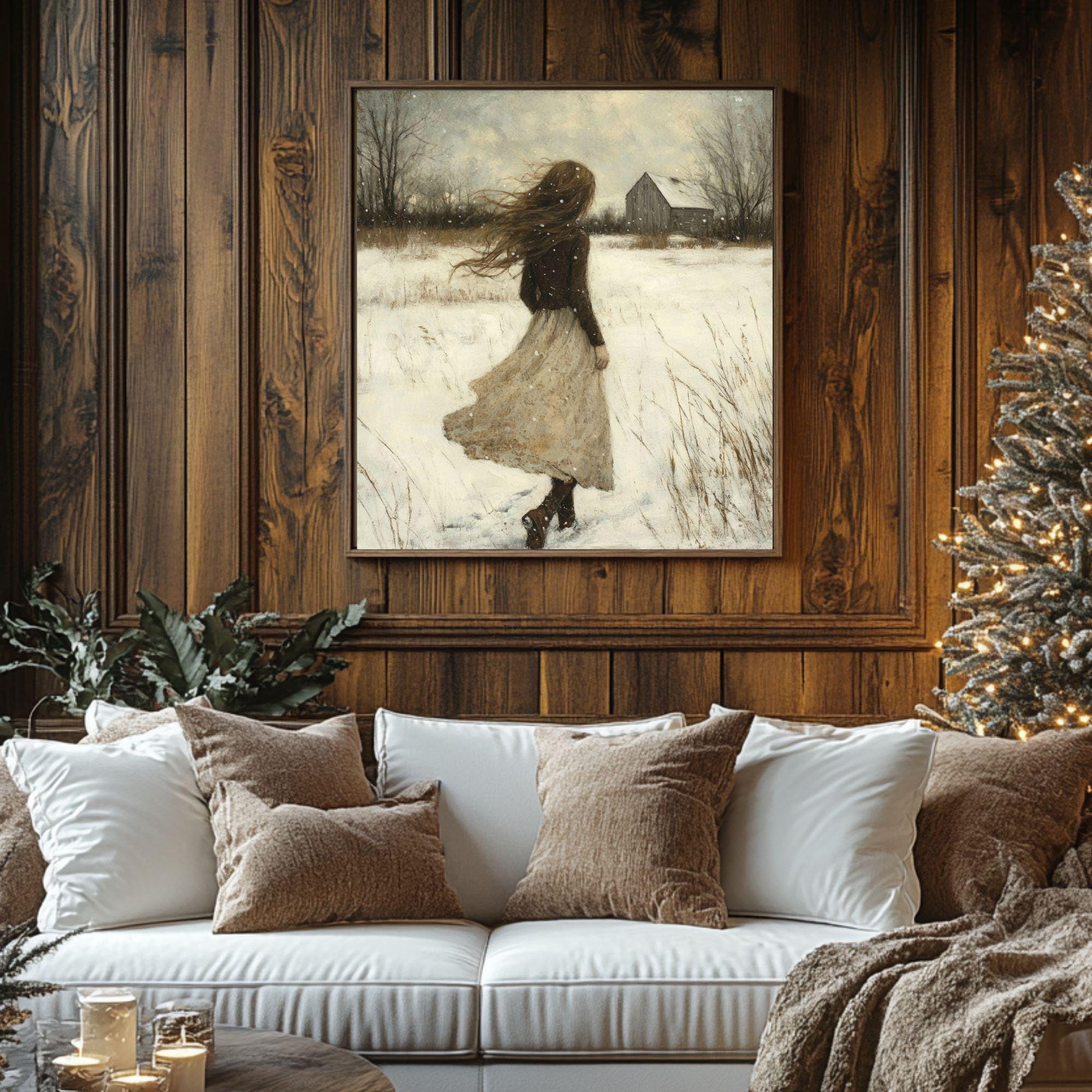 Vintage Winter Girl Canvas Wall Art, Classic Christmas Wall Print, Victorian Portrait Painting, Cozy Winter Home Decor, Framed Wall Art