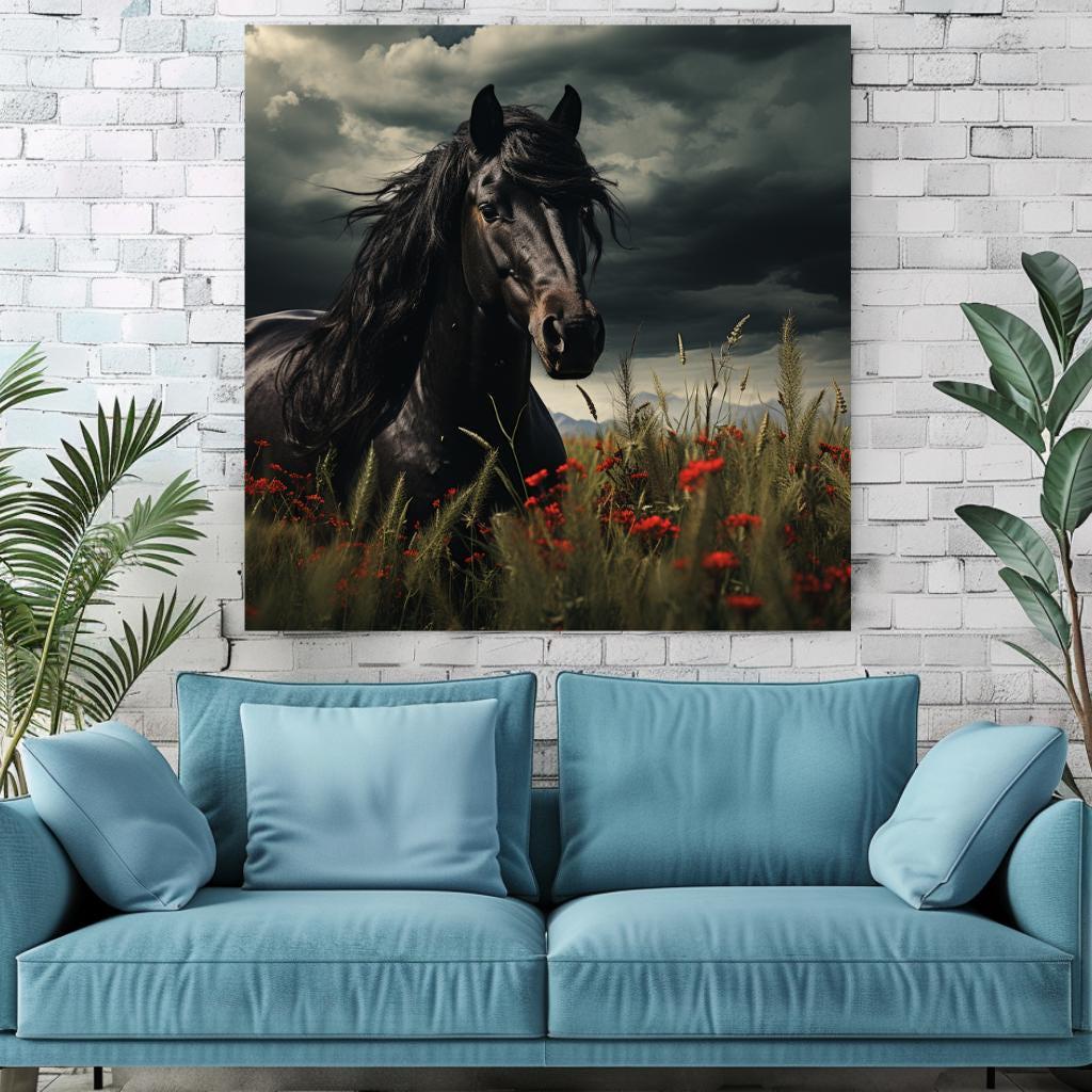 Black Stallion Wall Art, Black Horse Canvas, Horse Framed Wall Art, Ready to Hang Gift for Horse Lover, Nature-Inspired Framed Canvas