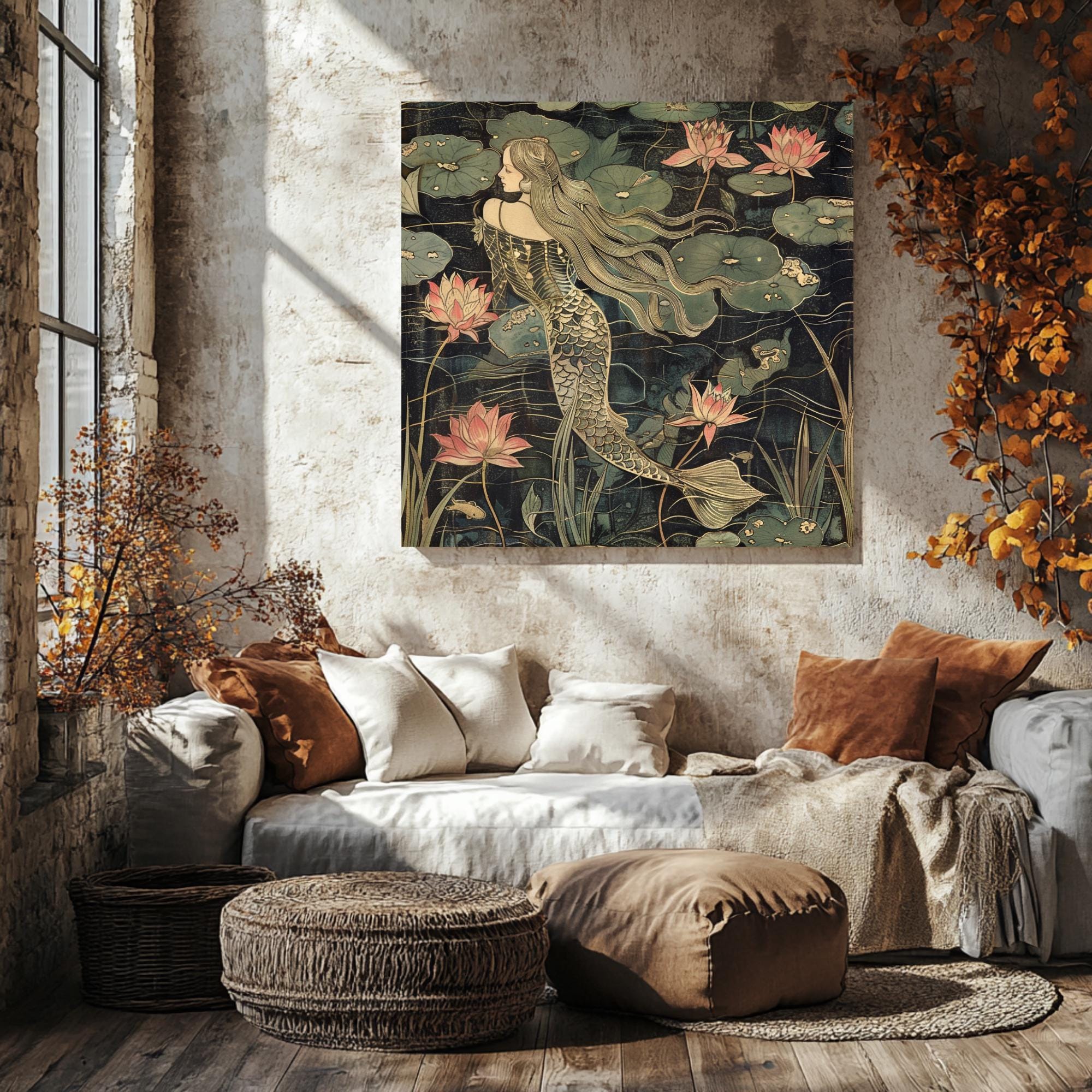 Botanical Mermaid Wall Art, William Morris Inspired Canvas Print, Floral Wall Decor, Botanical Canvas Wall Art, Elegant Home Accent