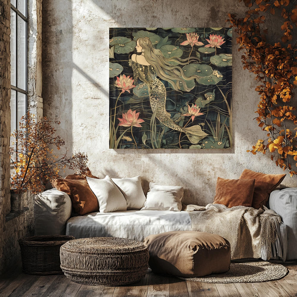 Botanical Mermaid Wall Art, William Morris Inspired Canvas Print, Floral Wall Decor, Botanical Canvas Wall Art, Elegant Home Accent