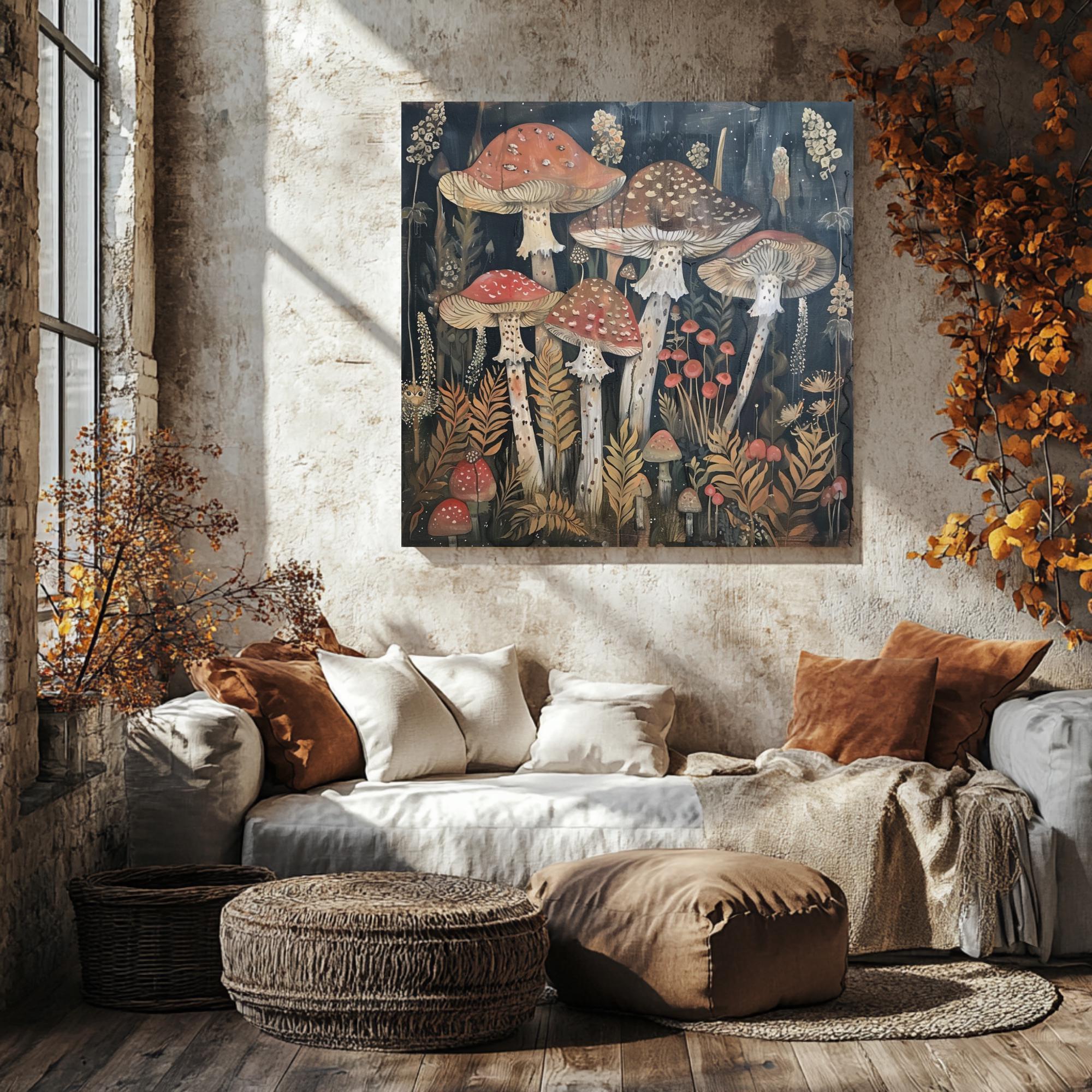Botanical Mushroom Wall Art, William Morris Inspired Canvas Print, Forest Wall Decor, Fungi Art Print, Nature Inspired Wall Accent
