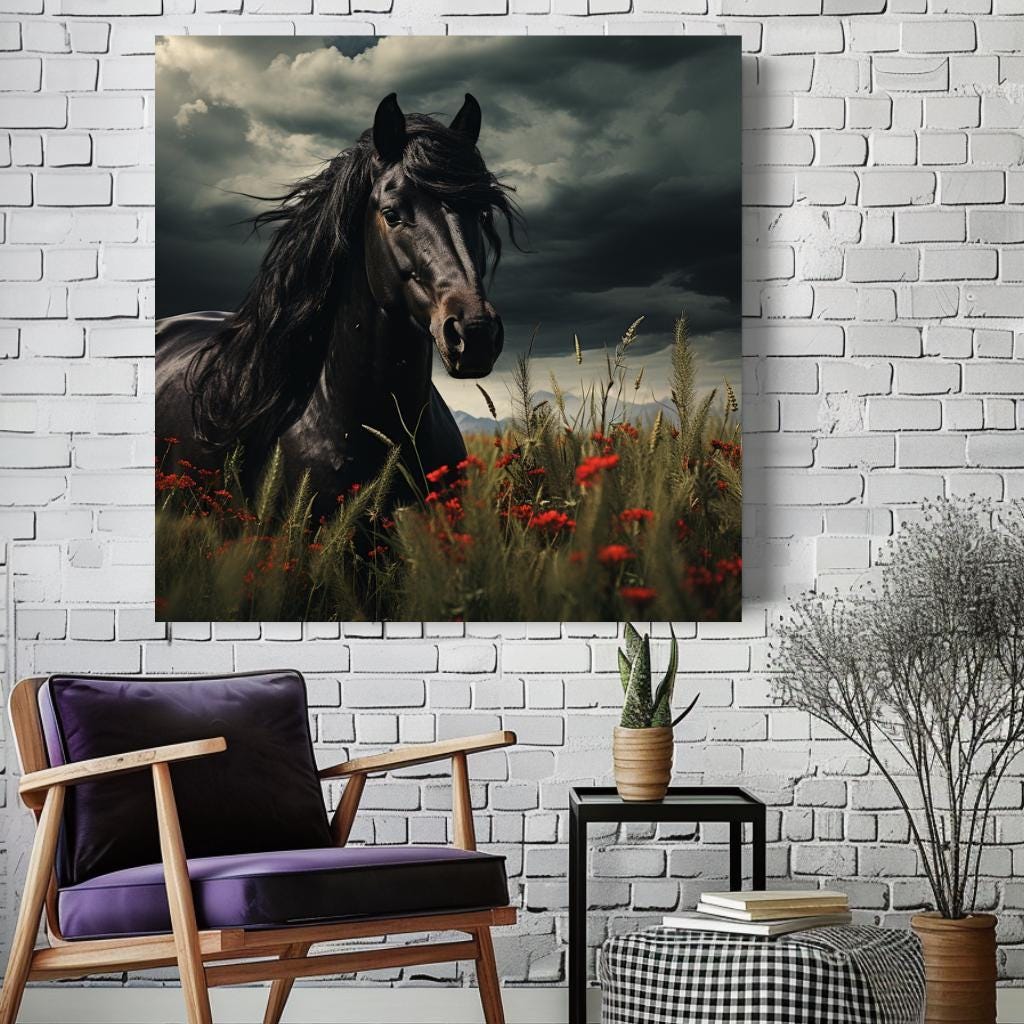 Black Stallion Wall Art, Black Horse Canvas, Horse Framed Wall Art, Ready to Hang Gift for Horse Lover, Nature-Inspired Framed Canvas