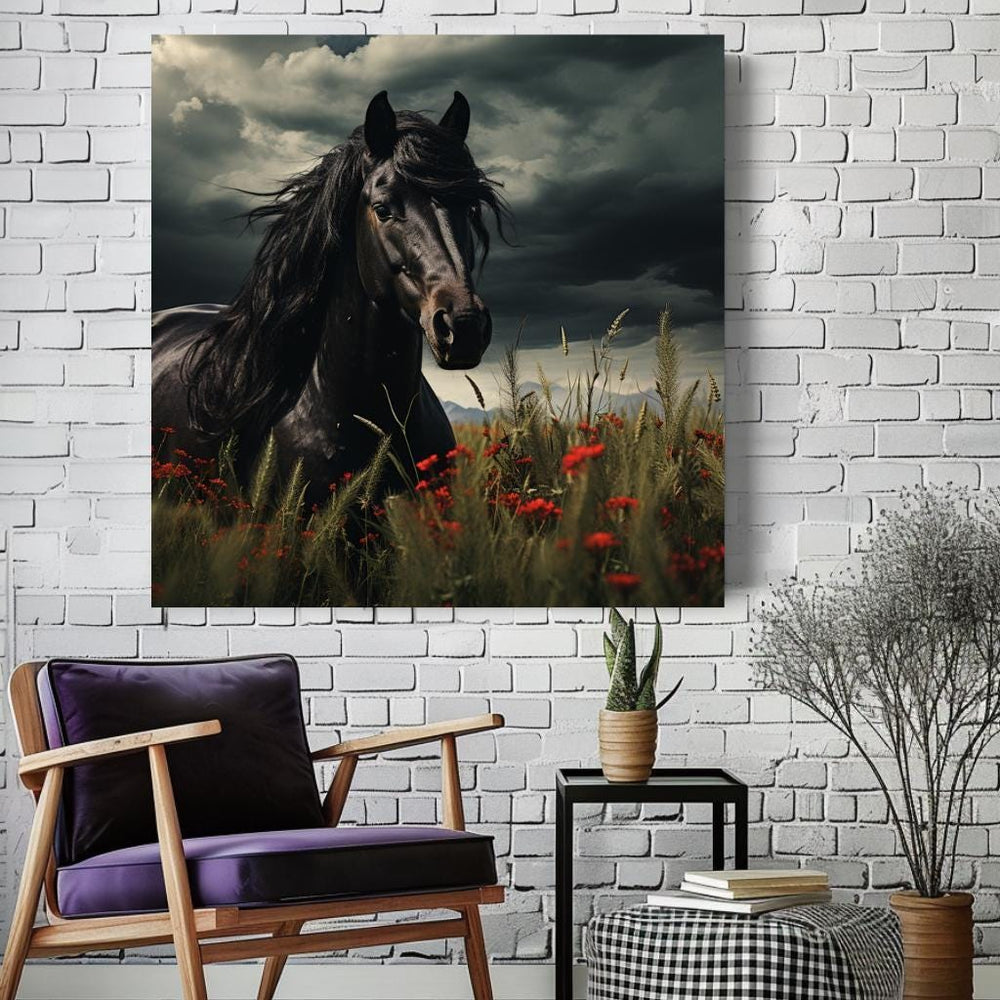 Black Stallion Wall Art, Black Horse Canvas, Horse Framed Wall Art, Ready to Hang Gift for Horse Lover, Nature-Inspired Framed Canvas