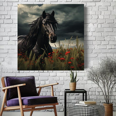 Black Stallion Wall Art, Black Horse Canvas, Horse Framed Wall Art, Ready to Hang Gift for Horse Lover, Nature-Inspired Framed Canvas