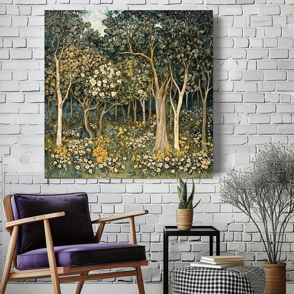 Vintage Forest Wall Art, Large Framed Canvas, William Morris Wall Art, Beach House Art, Morris Inspired Decor, Nature-Inspired Wall Canvas