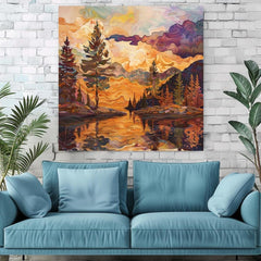 Lake House Stained Glass Canvas, Autumn Wall Art, Mountain Wall Canvas, Fall Home Decor, Nature-Inspired Framed Canvas, Woodland Poster