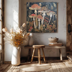 Botanical Mushroom Wall Art, William Morris Inspired Canvas Print, Forest Wall Decor, Fungi Art Print, Nature Inspired Wall Accent