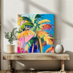 Bold Tropical Palm Canvas, Vibrant Colorful Jungle Wall Art, Modern Palm Tree Painting, Exotic Beach Decor, Boho Coastal Home Accent