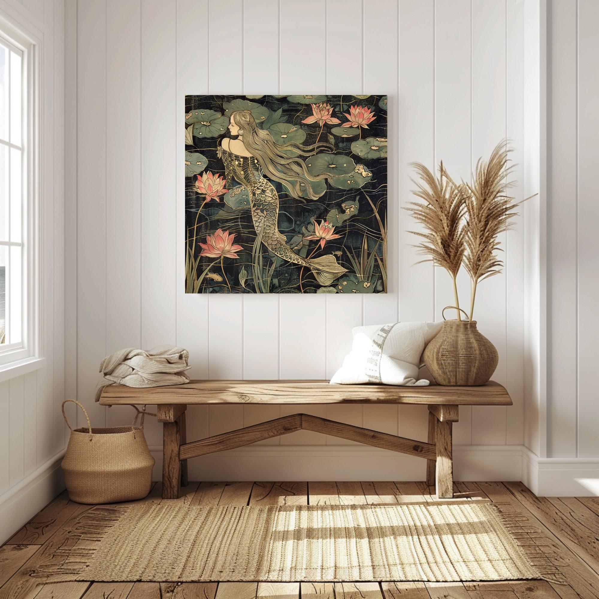 Botanical Mermaid Wall Art, William Morris Inspired Canvas Print, Floral Wall Decor, Botanical Canvas Wall Art, Elegant Home Accent