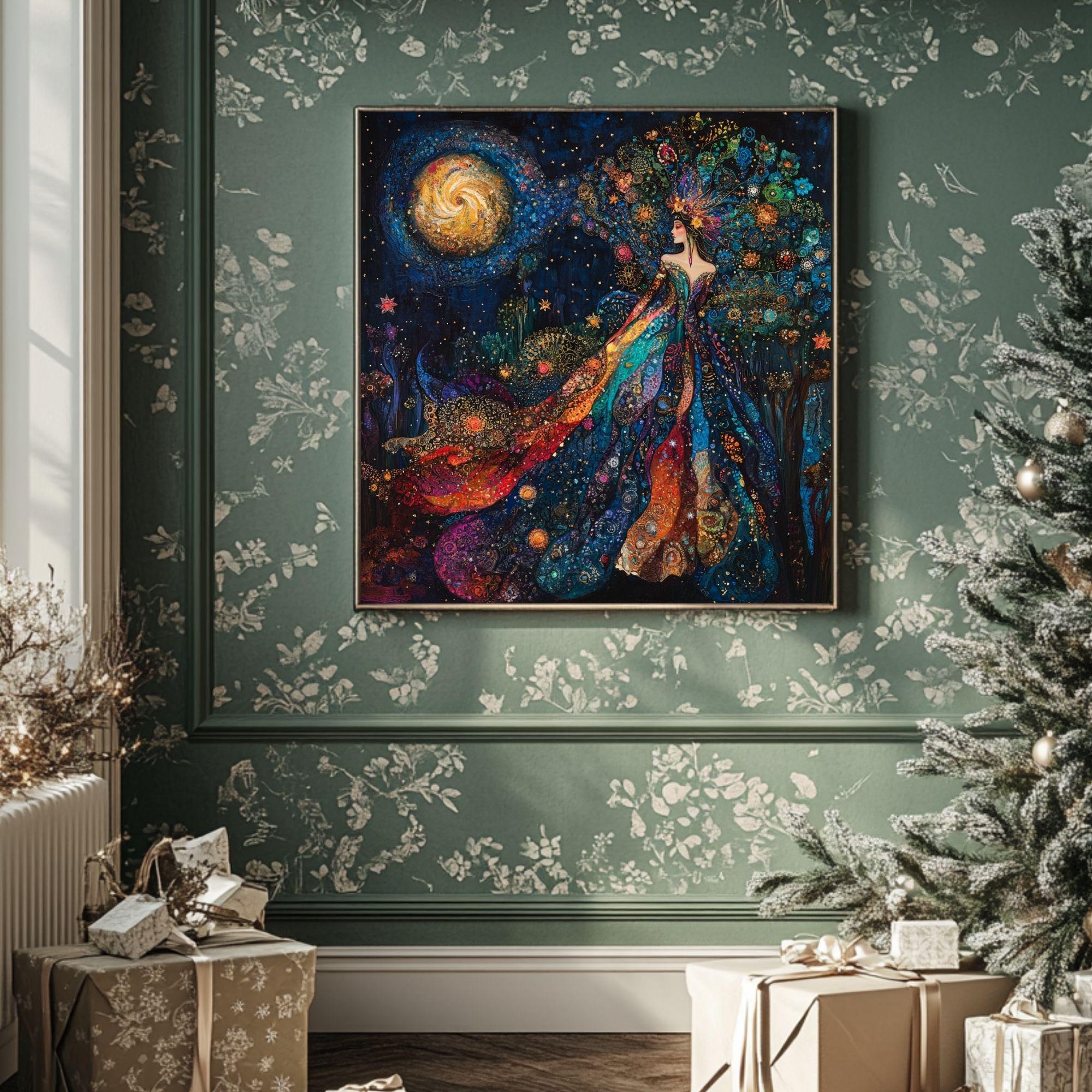 Goddess of the Stars Canvas Wall Art, Celestial Goddess Decor, Mystical Wall Hanging, Starry Night Home Accent, Boho Astral Aesthetic Art