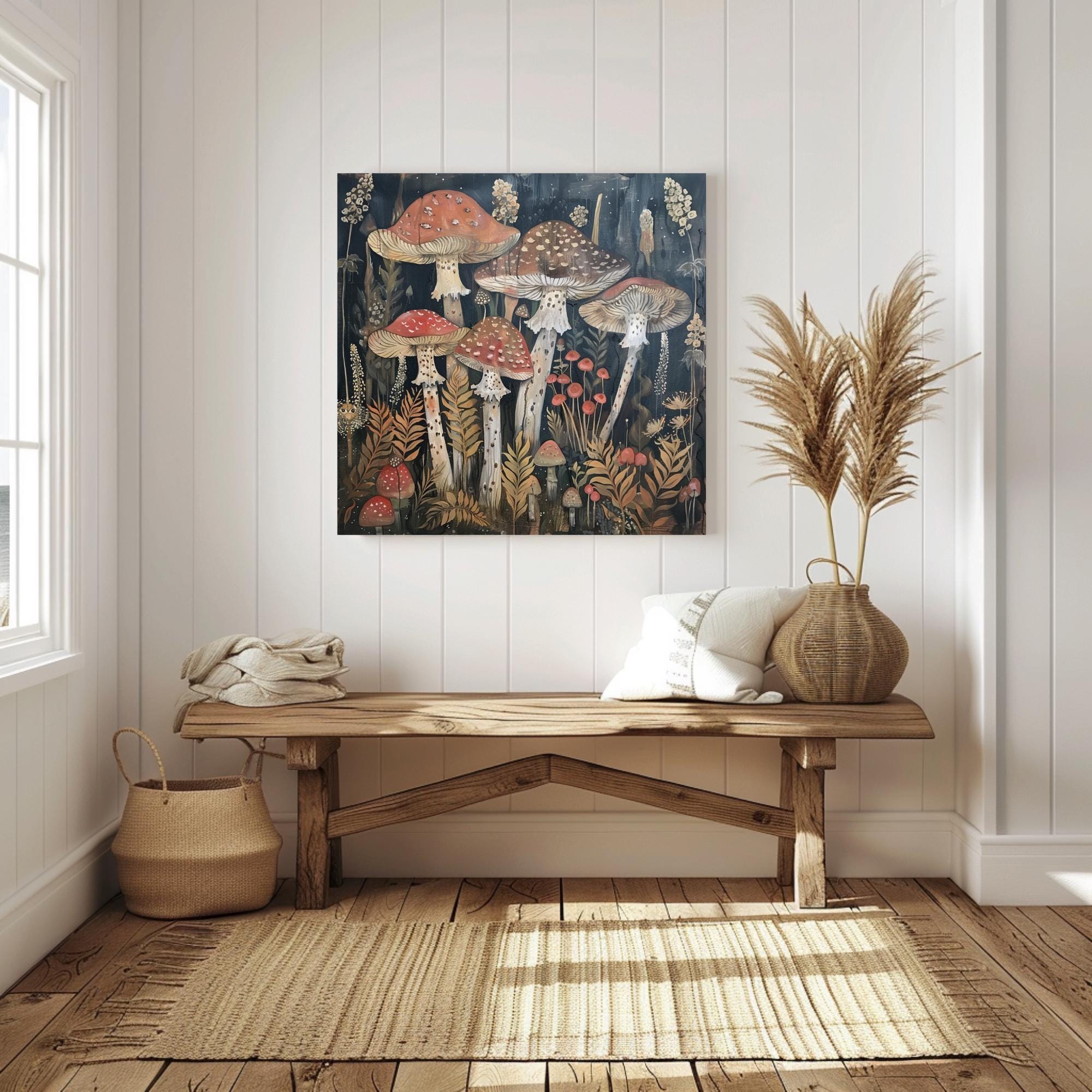 Botanical Mushroom Wall Art, William Morris Inspired Canvas Print, Forest Wall Decor, Fungi Art Print, Nature Inspired Wall Accent