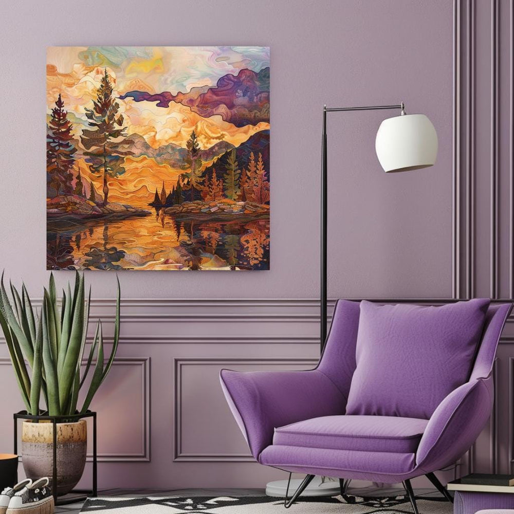 Lake House Stained Glass Canvas, Autumn Wall Art, Mountain Wall Canvas, Fall Home Decor, Nature-Inspired Framed Canvas, Woodland Poster