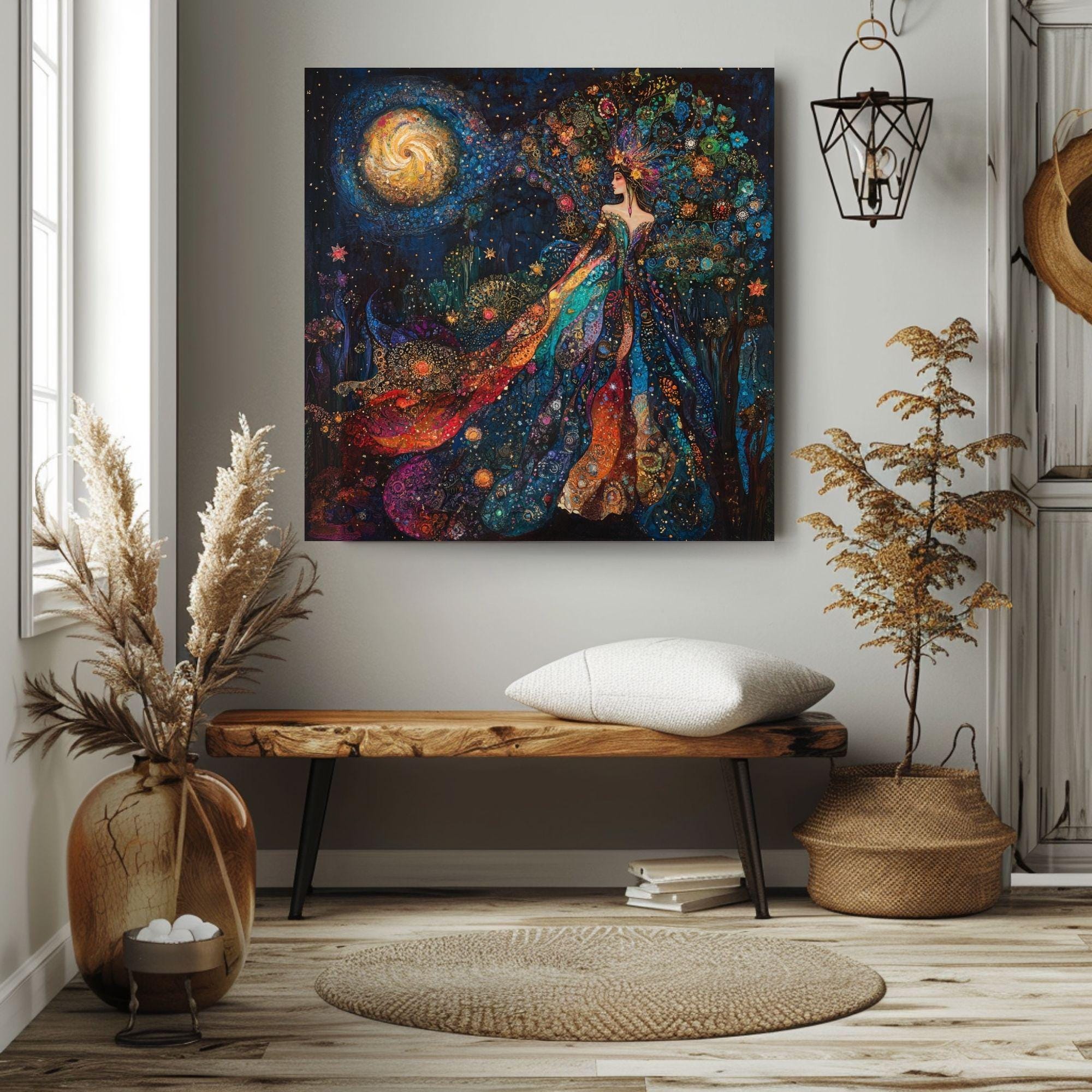 Goddess of the Stars Canvas Wall Art, Celestial Goddess Decor, Mystical Wall Hanging, Starry Night Home Accent, Boho Astral Aesthetic Art
