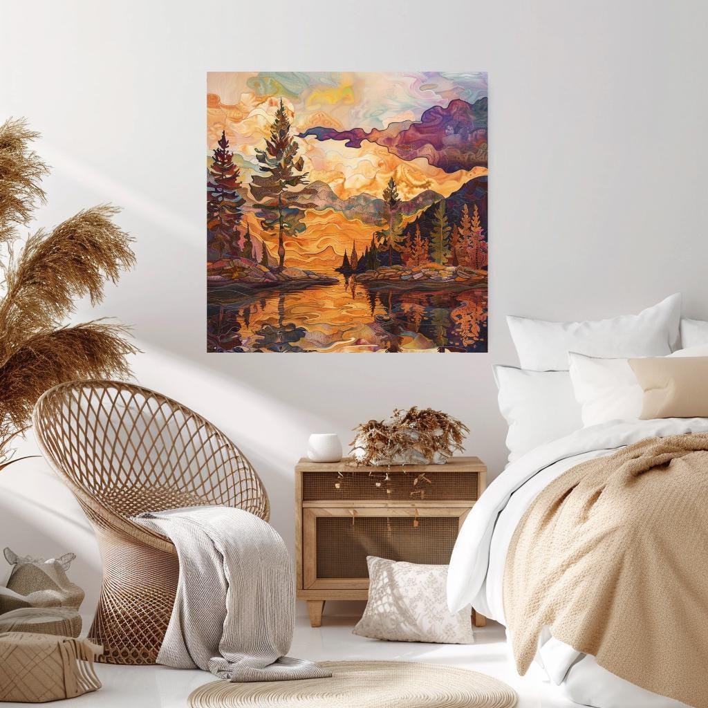 Lake House Stained Glass Canvas, Autumn Wall Art, Mountain Wall Canvas, Fall Home Decor, Nature-Inspired Framed Canvas, Woodland Poster