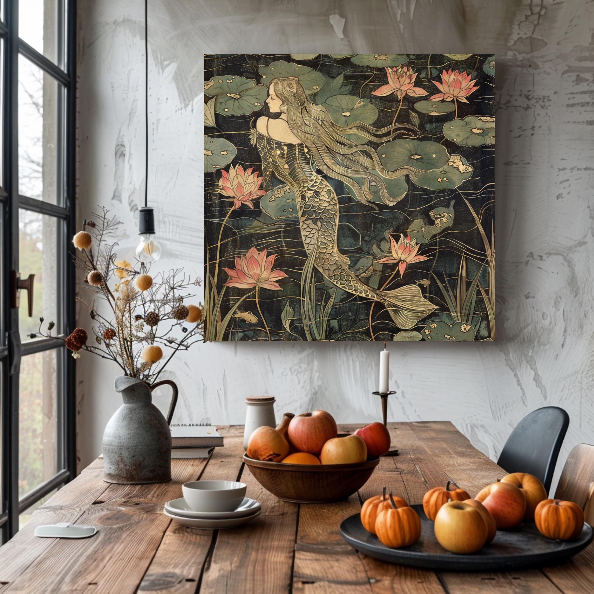 Botanical Mermaid Wall Art, William Morris Inspired Canvas Print, Floral Wall Decor, Botanical Canvas Wall Art, Elegant Home Accent