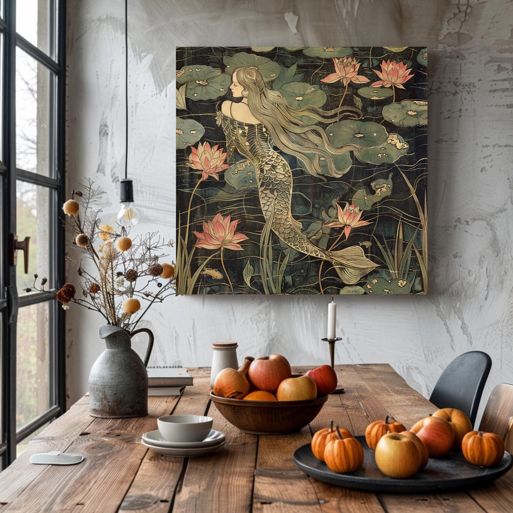 Botanical Mermaid Wall Art, William Morris Inspired Canvas Print, Floral Wall Decor, Botanical Canvas Wall Art, Elegant Home Accent