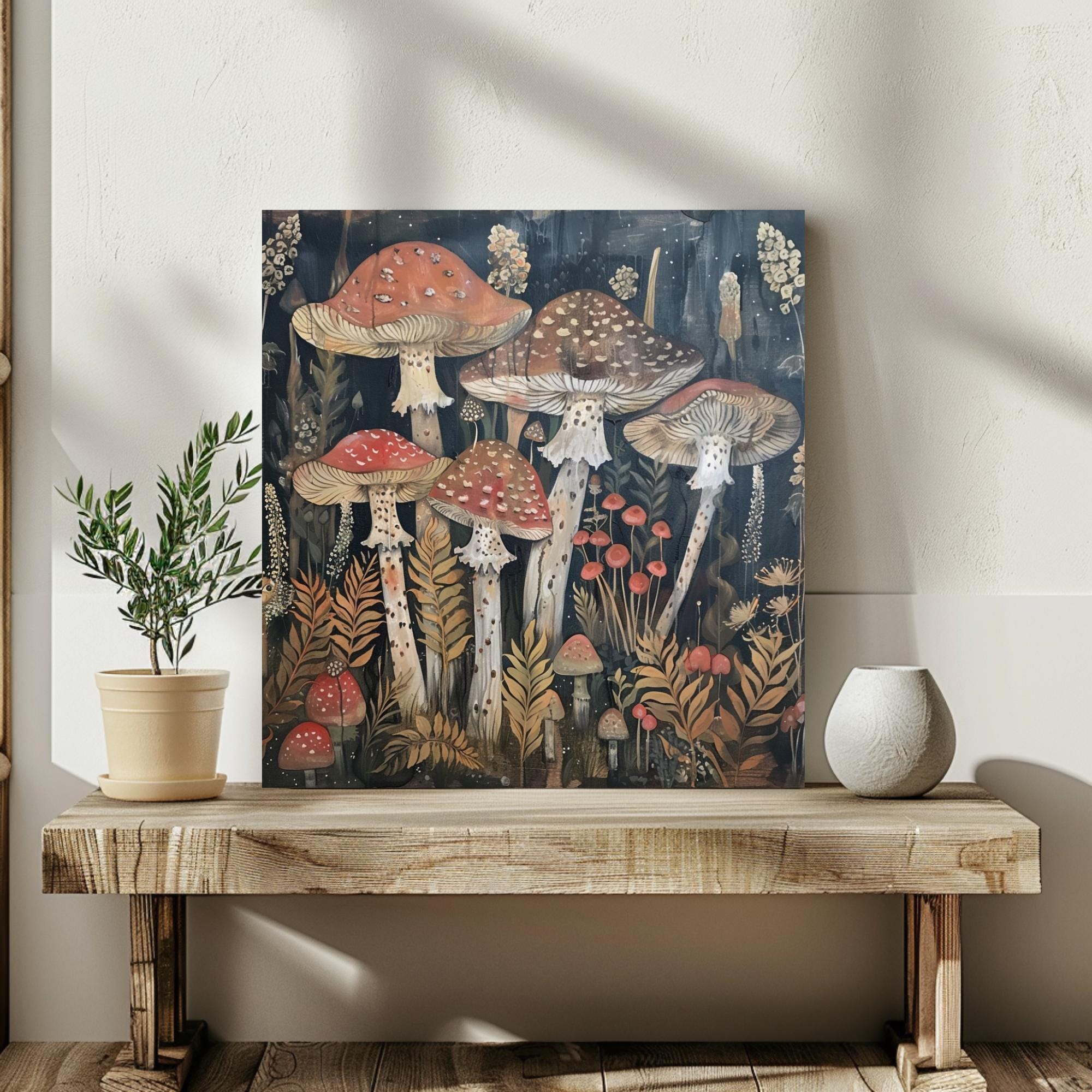 Botanical Mushroom Wall Art, William Morris Inspired Canvas Print, Forest Wall Decor, Fungi Art Print, Nature Inspired Wall Accent