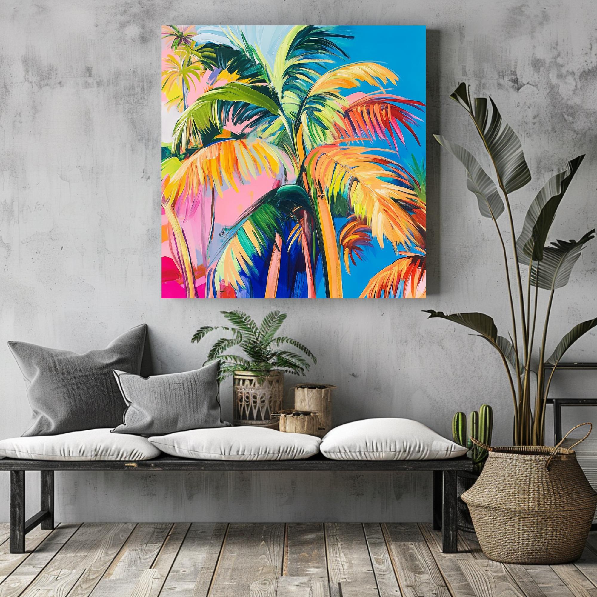 Bold Tropical Palm Canvas, Vibrant Colorful Jungle Wall Art, Modern Palm Tree Painting, Exotic Beach Decor, Boho Coastal Home Accent