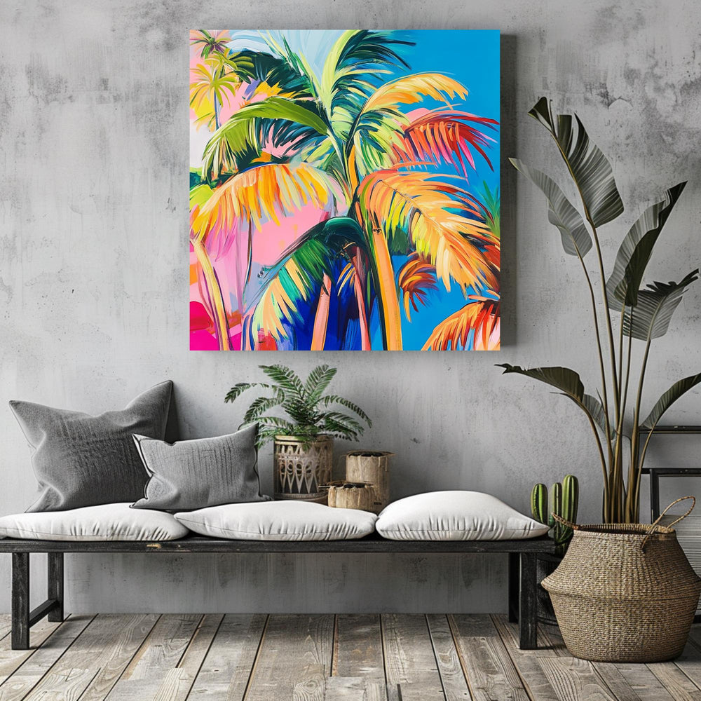 Bold Tropical Palm Canvas, Vibrant Colorful Jungle Wall Art, Modern Palm Tree Painting, Exotic Beach Decor, Boho Coastal Home Accent