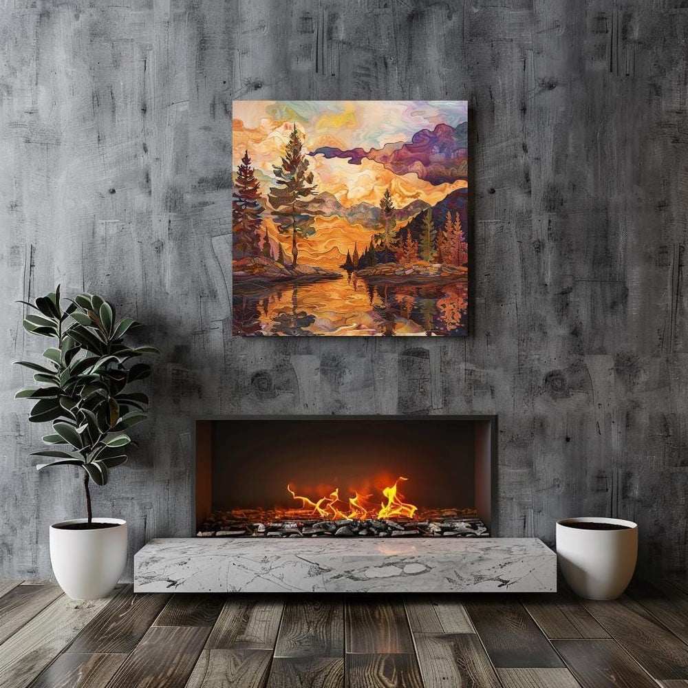 Lake House Stained Glass Canvas, Autumn Wall Art, Mountain Wall Canvas, Fall Home Decor, Nature-Inspired Framed Canvas, Woodland Poster