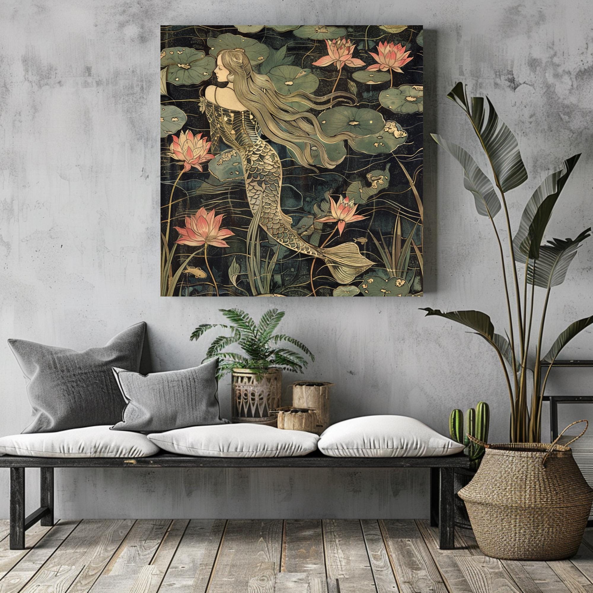 Botanical Mermaid Wall Art, William Morris Inspired Canvas Print, Floral Wall Decor, Botanical Canvas Wall Art, Elegant Home Accent