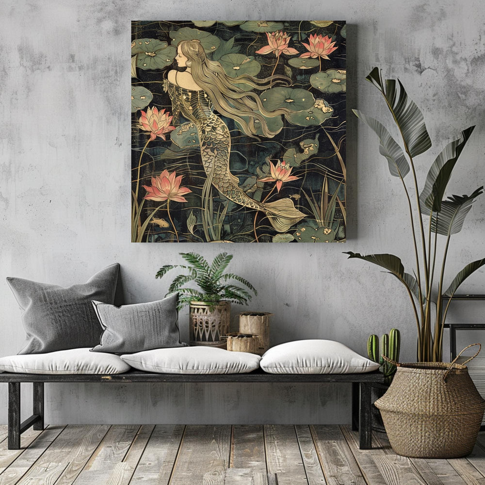 Botanical Mermaid Wall Art, William Morris Inspired Canvas Print, Floral Wall Decor, Botanical Canvas Wall Art, Elegant Home Accent