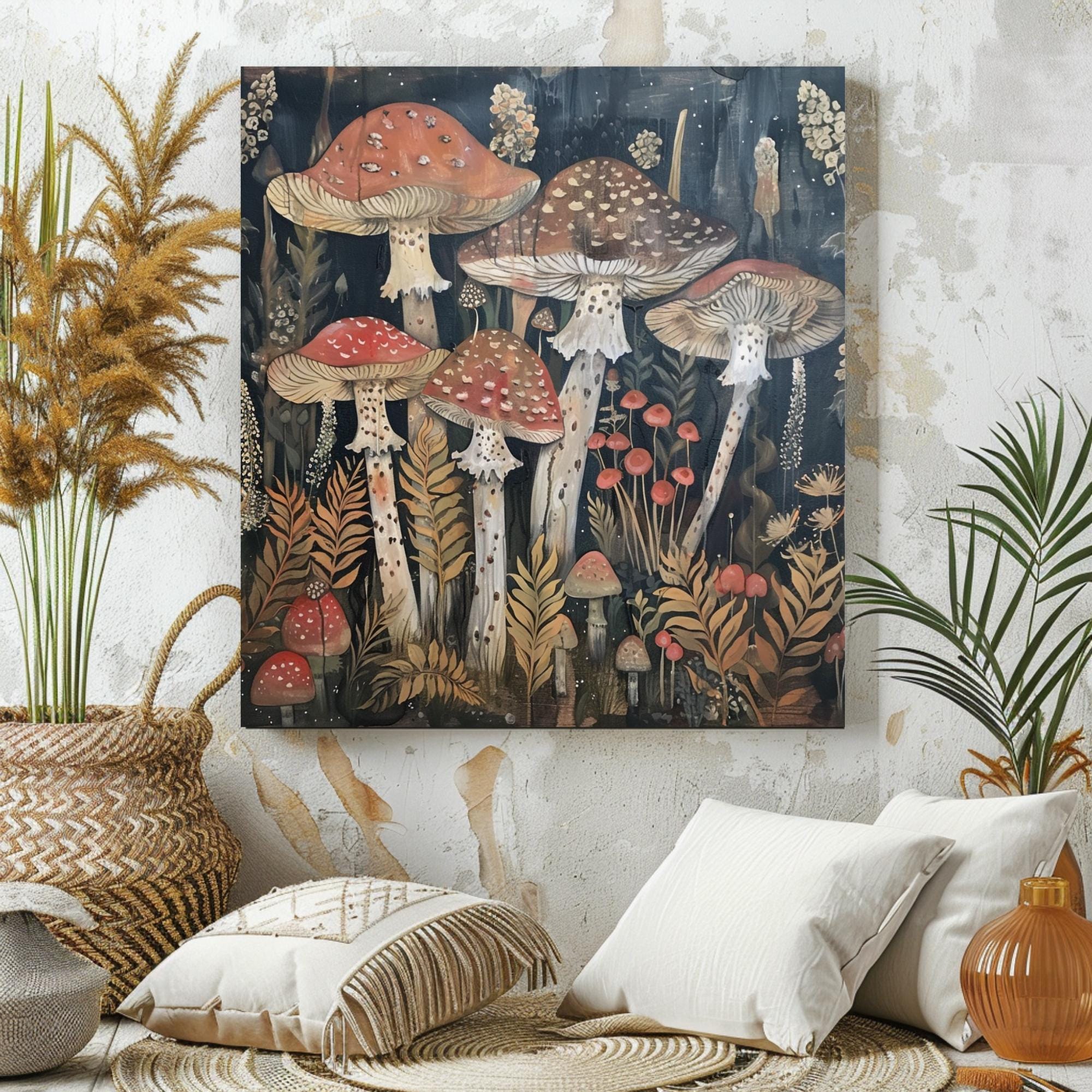 Botanical Mushroom Wall Art, William Morris Inspired Canvas Print, Forest Wall Decor, Fungi Art Print, Nature Inspired Wall Accent