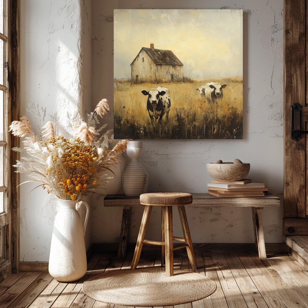 Rustic Farmhouse Canvas Wall Art, Vintage Country Scene, Cows And Barn Decor, Nature Inspired Home Accent, Farmhouse Style Wall Hanging