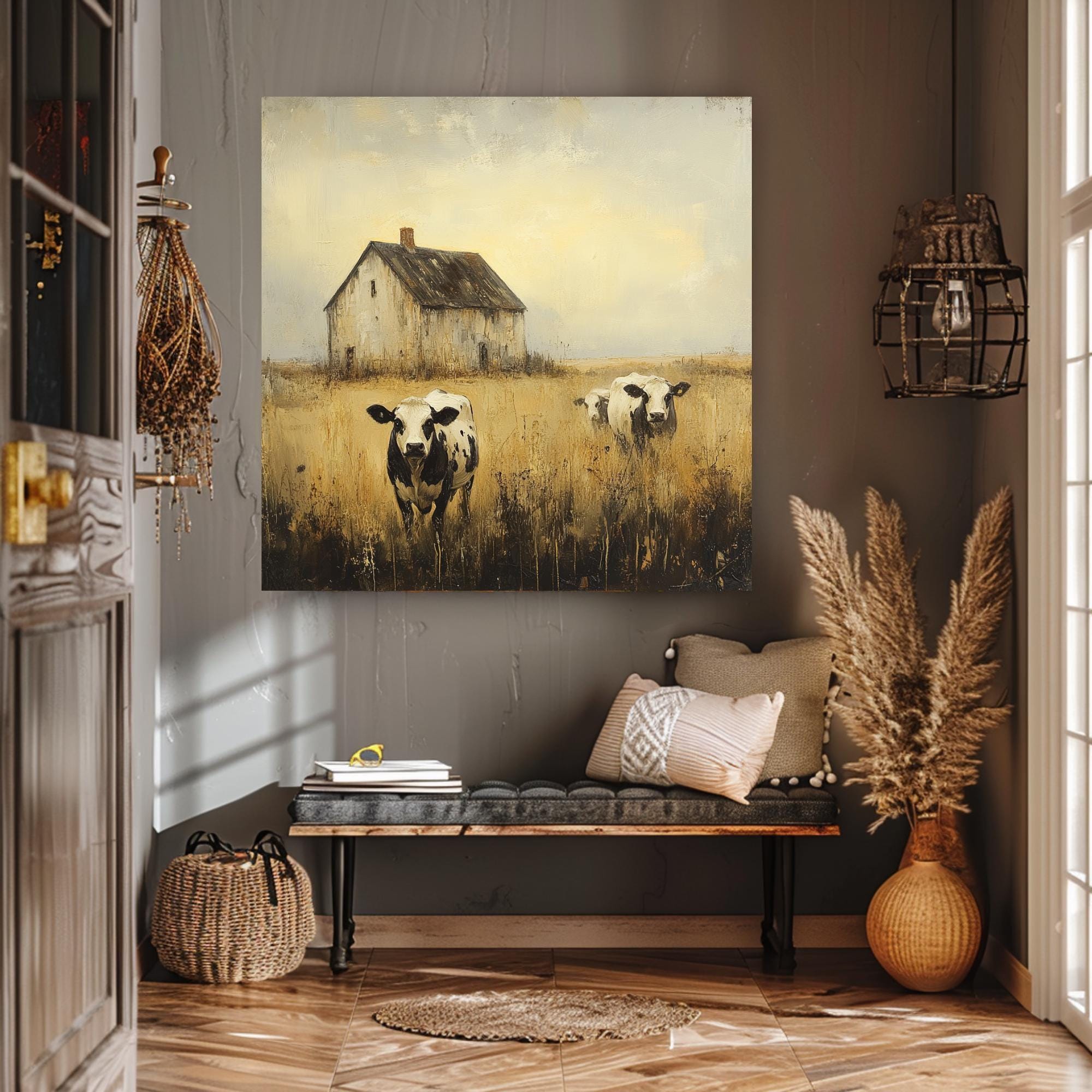 Rustic Farmhouse Canvas Wall Art, Vintage Country Scene, Cows And Barn Decor, Nature Inspired Home Accent, Farmhouse Style Wall Hanging