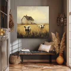 Rustic Farmhouse Canvas Wall Art, Vintage Country Scene, Cows And Barn Decor, Nature Inspired Home Accent, Farmhouse Style Wall Hanging
