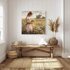 Country Girl Canvas Wall Art, Flower Field Canvas Print, Vintage Farmhouse Art for Home, Rustic Cottagecore Home Decor