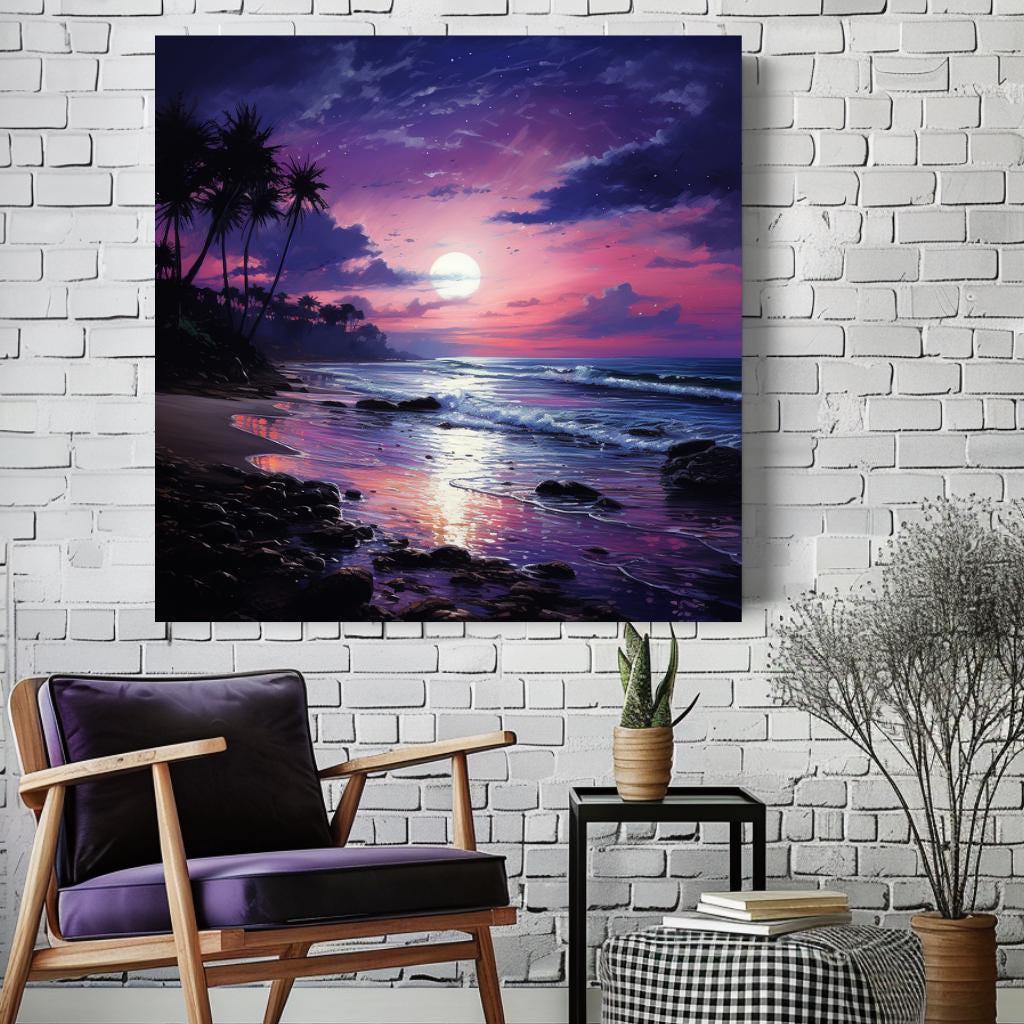 Indigo Sea Canvas Wall Art, Coastal Ocean Print, Purple Sky Seascape Poster, Large Beach Canvas, Framed Wall Art Home Decor, Ready To Hang