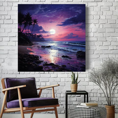 Indigo Sea Canvas Wall Art, Coastal Ocean Print, Purple Sky Seascape Poster, Large Beach Canvas, Framed Wall Art Home Decor, Ready To Hang