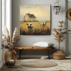 Rustic Farmhouse Canvas Wall Art, Vintage Country Scene, Cows And Barn Decor, Nature Inspired Home Accent, Farmhouse Style Wall Hanging