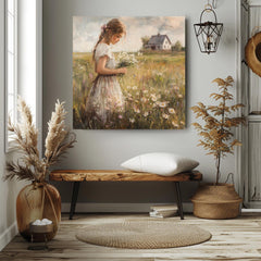 Country Girl Canvas Wall Art, Flower Field Canvas Print, Vintage Farmhouse Art for Home, Rustic Cottagecore Home Decor