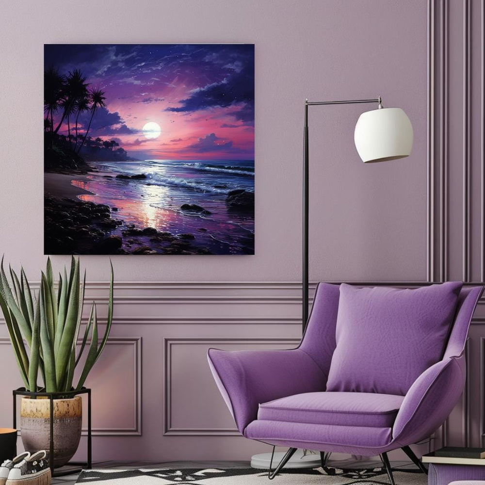 Indigo Sea Canvas Wall Art, Coastal Ocean Print, Purple Sky Seascape Poster, Large Beach Canvas, Framed Wall Art Home Decor, Ready To Hang