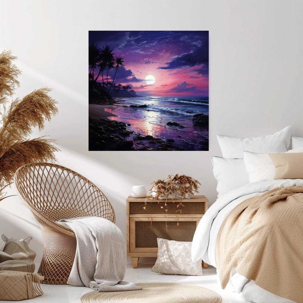 Indigo Sea Canvas Wall Art, Coastal Ocean Print, Purple Sky Seascape Poster, Large Beach Canvas, Framed Wall Art Home Decor, Ready To Hang